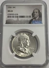 1956 P NGC MS65 Franklin Half Dollar White Coins 50 c 90% Silver Portrait Label