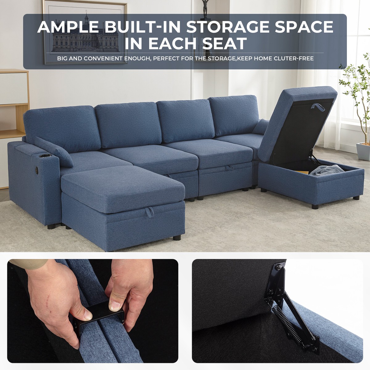4 Modular Sectional U Shape Couch w/Storage USB Port Cup