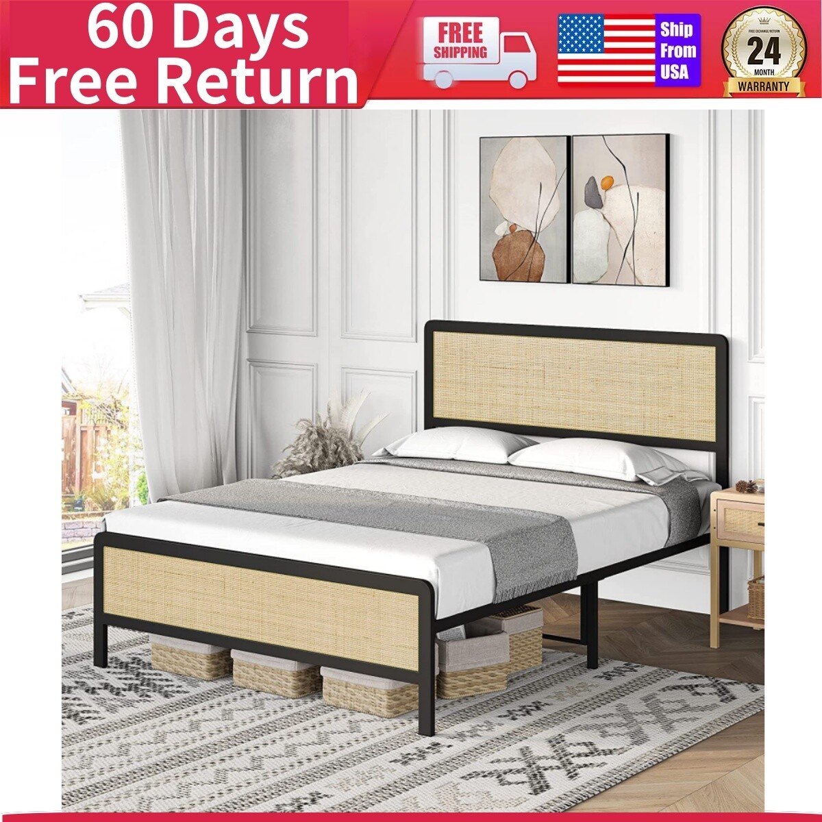 💹QUEEN/FULL Platform Bed Frame Rattan Headboard and Footboard Safe Rounded Corn