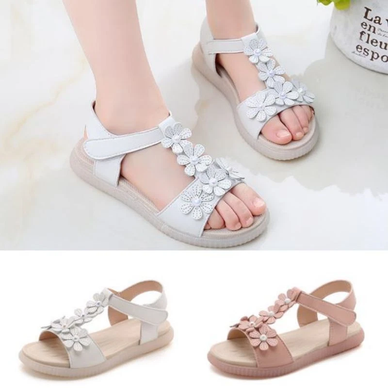 Girls Smart School Sandals Summer Party Dress Shoes Kids Beach Flower Flat Shoes