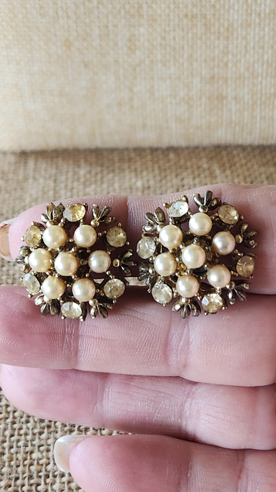Vintage Coro Signed Clip On Earrings Faux Pearl & Rhinestones These Do Have Wear