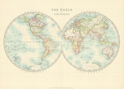 WELT IN ZWEI HEMISPHÄREN. Western & Eastern Hemisphären. JOHNSTON 1913 Karte