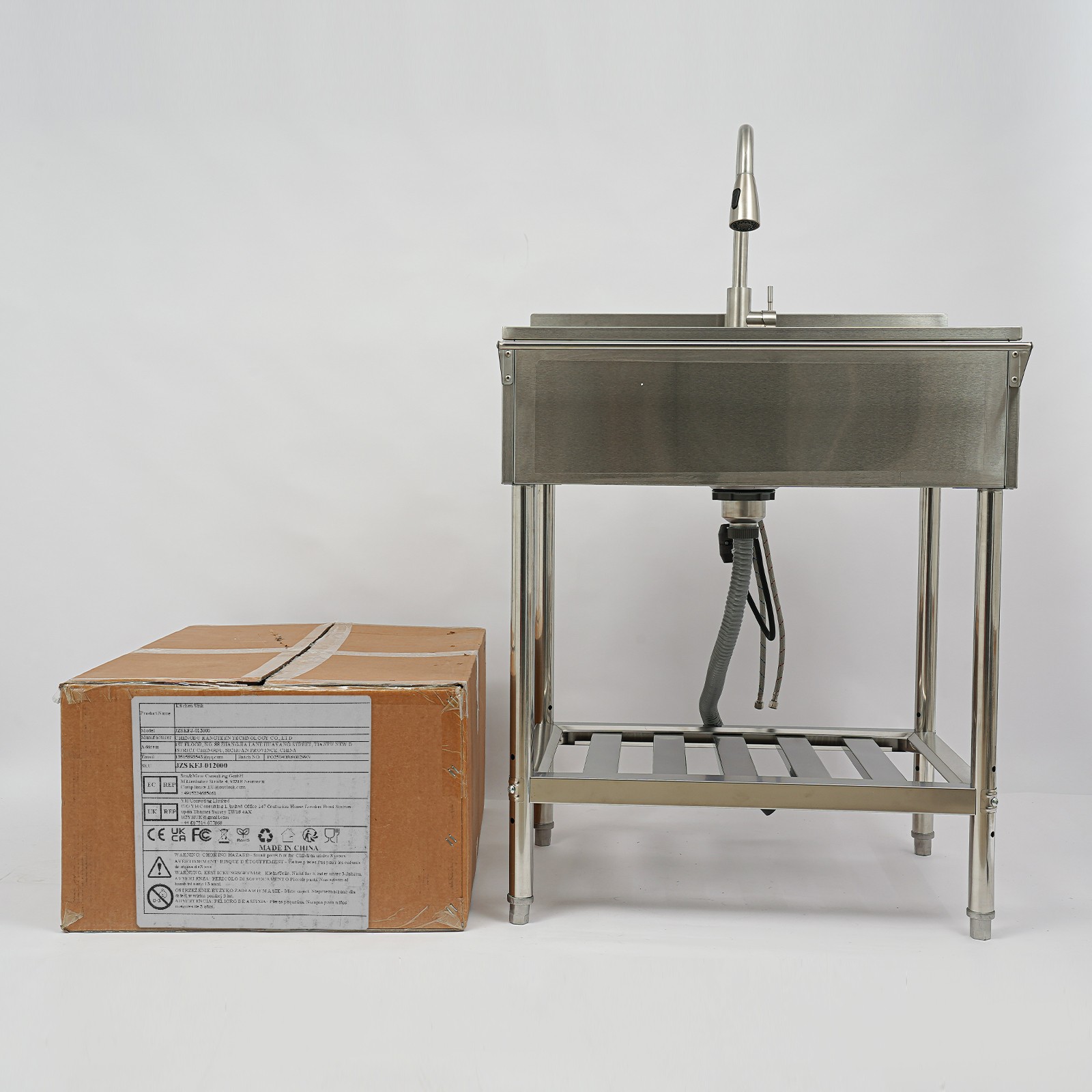 Free Standing Kitchen Sink Single Bowl Sink Stainless Steel Utility Sink Silver