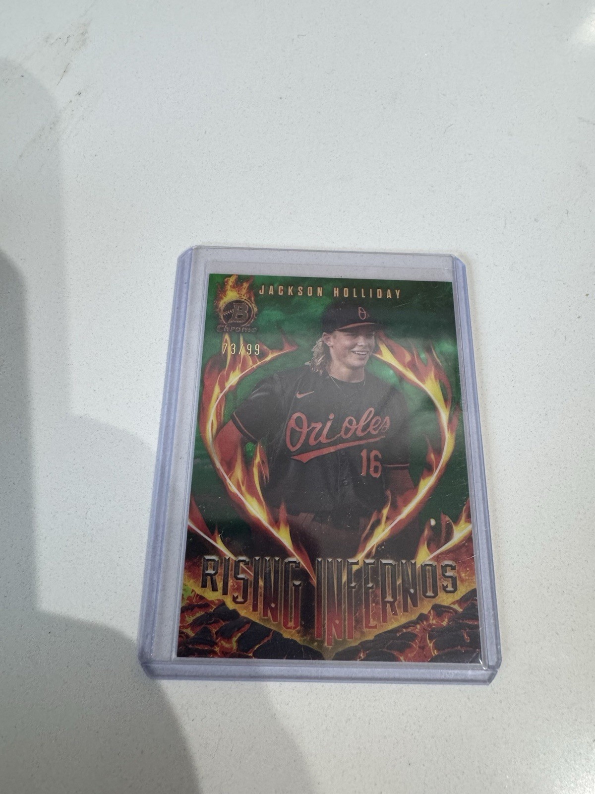 JACKSON HOLLIDAY 2024 Bowman Rising Infernos #RI-9 Green Refractor /99 Orioles