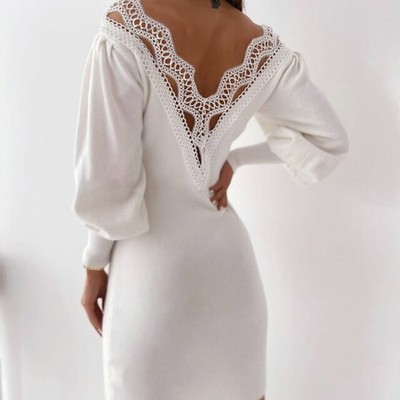 White Lace Open Back Bodycon Midi Dress Long Sleeve Size M | eBay