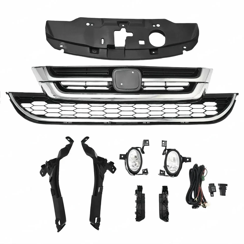For CR-V CRV 2010-11 Bumper Upper Lower Chrome Grille + Fog light Kit+4 brackets - Imagem 4 de 4