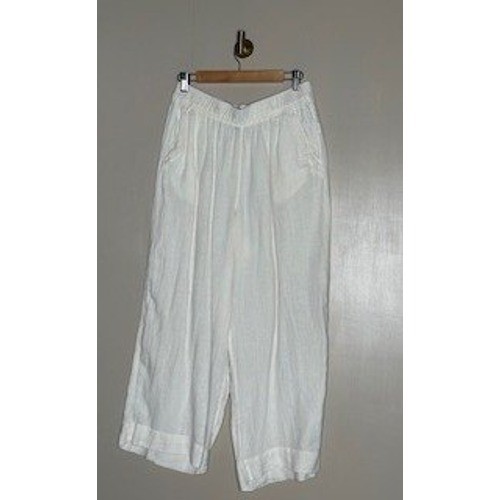 White Linen Wide Leg Elastic Waist Pants with Pockets Casual Coastal Relaxed
