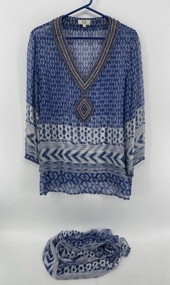 WEILL Silk Tunic Top & Scarf 2 Piece Set Womens Size XXL 2XL Blue Embellished