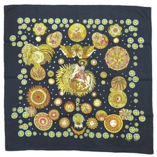 AUTHENTIC HERMES Carre90 LE ROY SOLEIL Sun King Scarf Black silk 0135