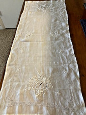 Vintage White Linen Cut Work Embroidered Table Runner/Dresser Scarf 41 x 16