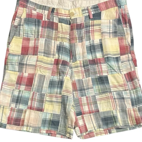 Roundtree & Yorke Cotton Madras Shorts Mens 36 Plaid Patchwork Preppy Flat Front