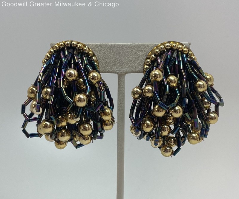 Vintage Gold Tone Iridescent Beaded Statement Earrings 26.2g