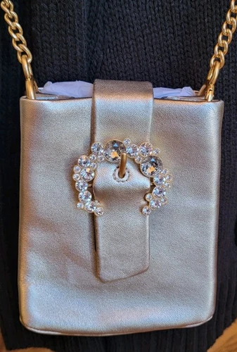 CUSTODIA TELEFONO NUOVA CON ETICHETTE TORY BURCH MINI BORSA CATENA TRACOLLA ORO CHIARO PELLE E CRISTALLI