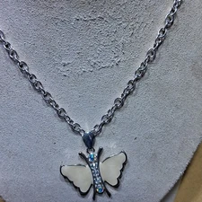 Silver Tone Butterfly Pendant Necklace With Crystal Charm & Cable Chain