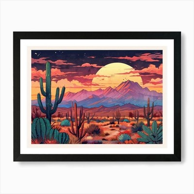 Desert Landscape With Cactus 2 Art  Framed Wall Art Poster Canvas Print Picture