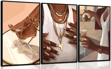 3PCS Black Woman Canvas Wall Art,Black Girl Poster Fashion Girl Abstract Pict...