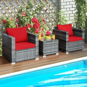 3PCS Rattan Patio Conversation Furniture Set Outdoor Yard w/ Red Cushion