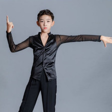 Kids Boys Mesh Latin Dance Shirt Satin Blouse Costume Button Top Performance Top