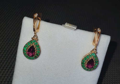 14K Yellow Gold Natural Diamond, Rhodolite Garnet and Emerald Earrings - Picture 8 of 14