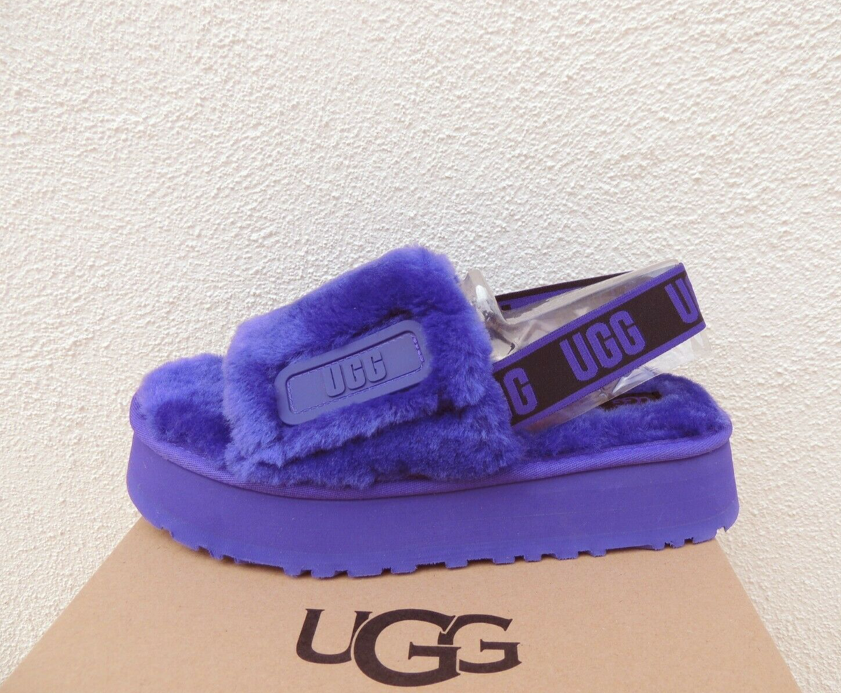 UGG VIOLET NIGHT DISCO SHEEPSKIN FLUFF SLIDE PLATFORM SANDALS, US