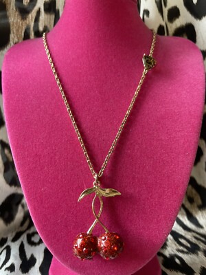 Betsey Johnson Retro Glam Red Cherries Cherry Leopard Lucite Heart Necklace 