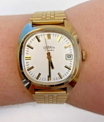 Vintage Cornavin Automatic Gold Tone 17 Jewels Men's Stainless Steel Swiss White