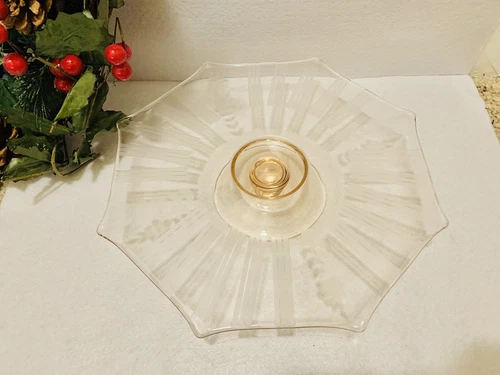 Vintage Pink Depression Glass Cake Pie Plate Pedestal Stand 11" Octagonal- EUC!!
