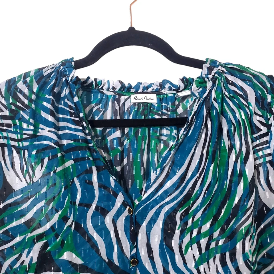 Top Robert Graham Semi Transparente Talla L Verde Azul Estampado Cuentas Mezcla Seda Para Mujer Foto 2 de 4