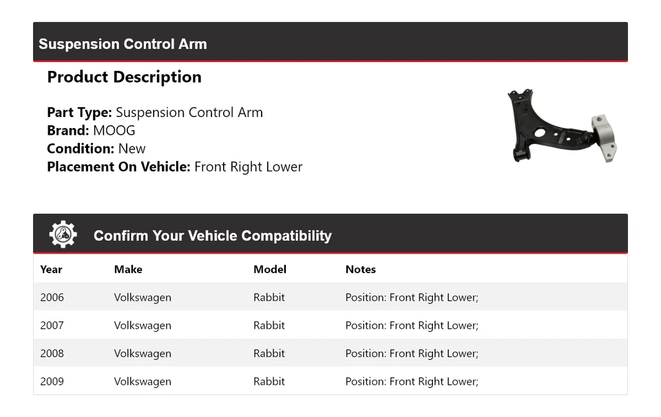 Рычаг управления подвеской передний правый нижний MOOG для Volkswagen Rabbit 2006-2009 годов выпуска - Изображение 2 из 4