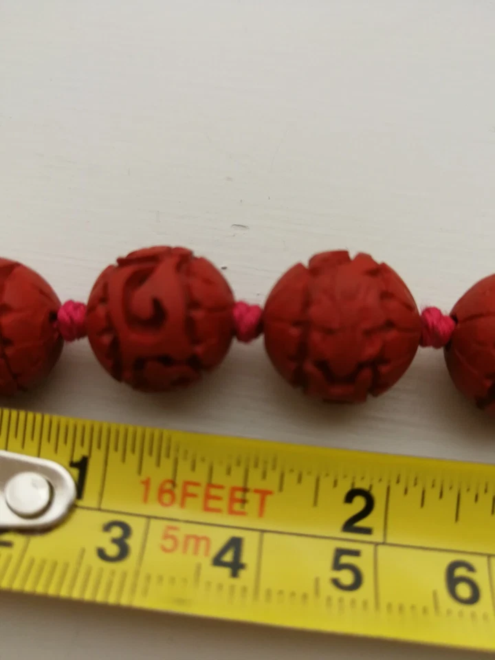 Vtg/Antique Chinese Carved Red Cinnabar Necklace 30" Knotted Filigree Clasp - Image 4 of 4