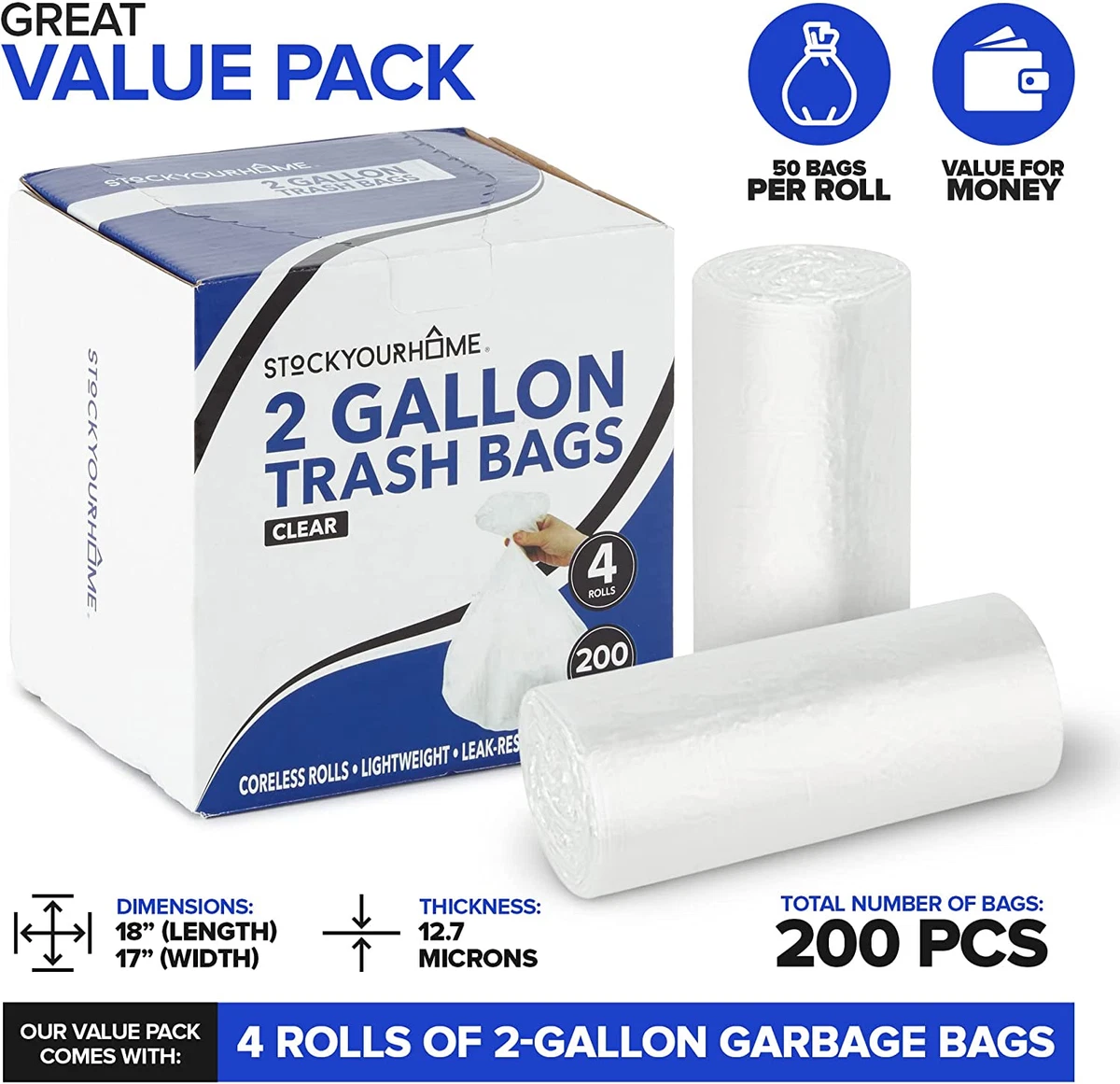 Clear 2 Gallon Trash Bag (200 Pack) Un-Scented Small Garbage Bags for  Bathroom C