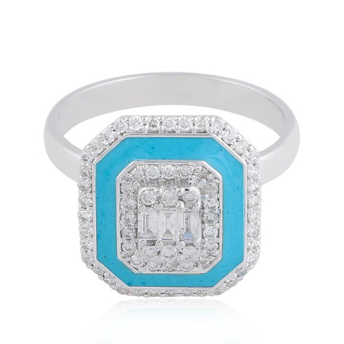 0.50 Ct Lab Grown CVD Diamond Octagon Ring 14k Solid White Gold Blue Enamel - Picture 2 of 8