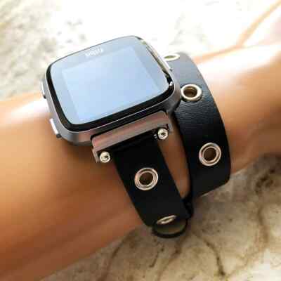 Black with Grommets Double Wrap Leather Band Strap for  display picture 1