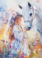 Print ACEO Art Card White Horse Cute Girl Flowers Animal Limited Edition