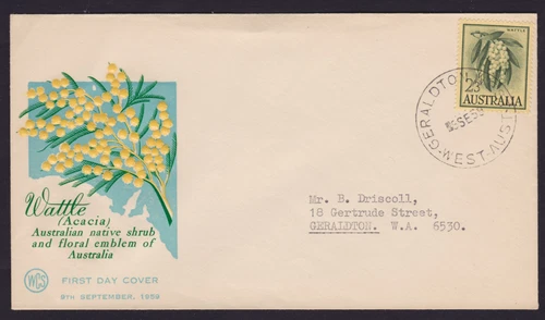 AUSTRALIA PRE DECIMAL 1959 2/3 WATTLE FDC COVER GERALDTON WA (RC24)