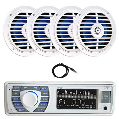 Pyle PLMRB39W LCD Display Single-DIN Marine Bluetooth USB/AUX MP3 Player AM/FM Radio Stereo White Receiver W/White Cover, 2x 4'' 100W Max Dual Cone