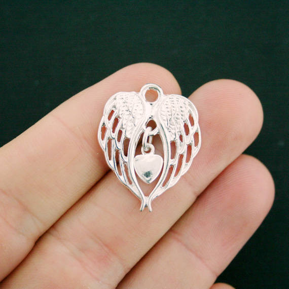 BULK 20 Angel Wings Charms Silver Tone With Dangle Heart Charm SC7289