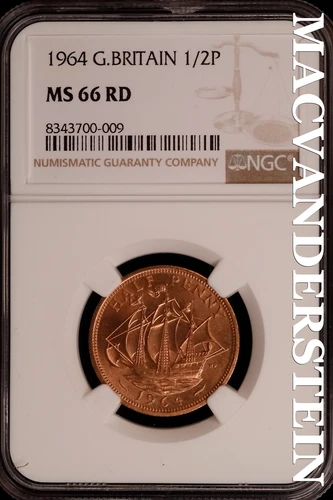Great Britian: 1964 One Half Penny-NGC MS 66 RD Brilliant Uncirculated #SLG148