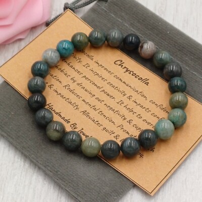 CHRYSOCOLLA Armband Stretch Handarbeit + Geschenktüte & Karte Kristall Edelstein 8mm