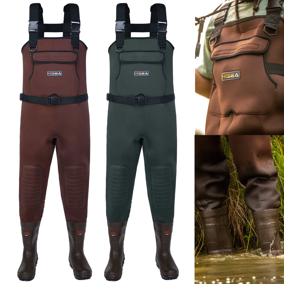 HISEA Unisex Bootfoot Chest Waders Neoprene 200G Insulation Waterproof  Fishing