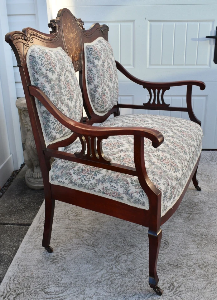 Antique Edwardian Style Inlaid Mahogany Settee w/Floral Fabric - Image 2 of 4