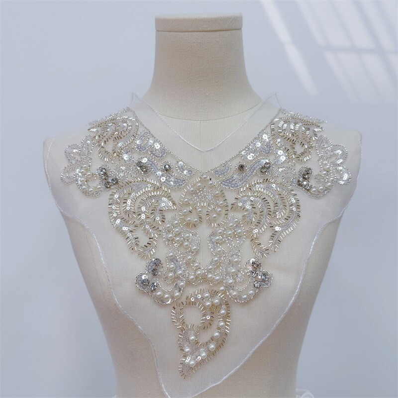 Pearl Beaded Applique Mesh Fabric Trim Patch Craft DIY Sew Wedding Dress Glitter