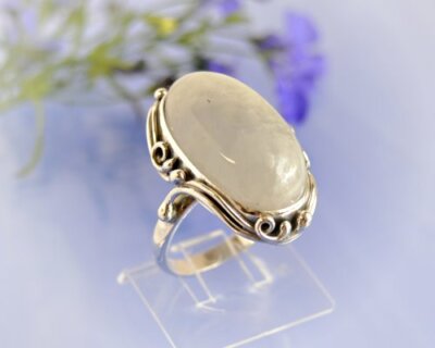Mondstein Ring Silber 925 Gr. 19 mm wei blau oval echt Sterlingsilber Damen mt37