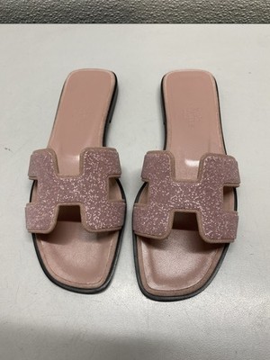 Hermes Womens Oran Sparkling Strap Slide Sandals Size 5 Rose Pink