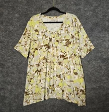 LOGO Lori Goldstein Top Womens XL Yellow Brown Floral Knit Dip Hem Everyday