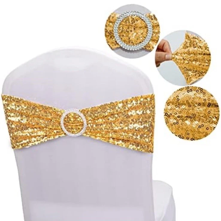 100Pc Stretch Sequin Chair Sashes One-Sided Glitter Spandex Chair Bands w/Buckle - Image 4 of 4