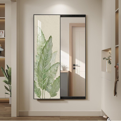 Large Framed Sliding Full Length Mirror with Green Botanical Print, 16x52 Inch
