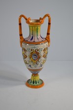 Vintage Italian Majolica Pottery Double Handle Urn Vase Hand Painted 10.25"