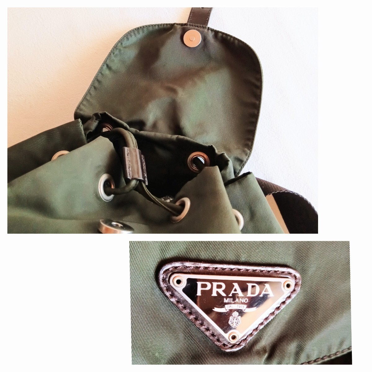 Good Condition Prada Vintage Olive Nylon Drawstring Backpack Ladies Men s from j thumbnail 8