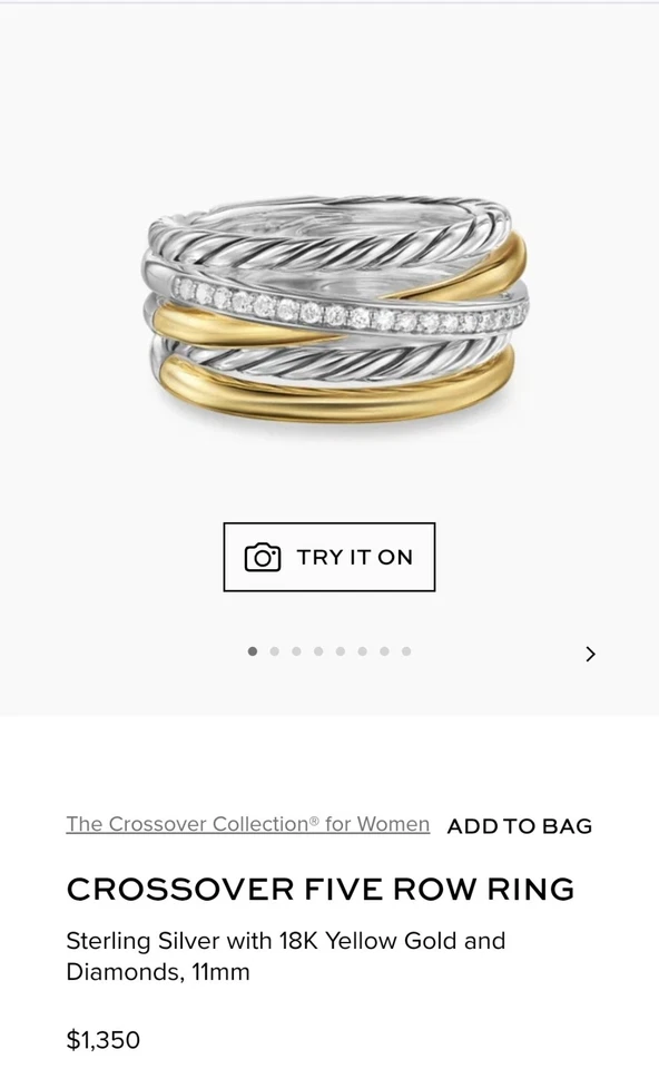 David Yurman Crossover Five Row Ring Sterling Silver w/ 18K lab created Diamonds - Image 3 of 4